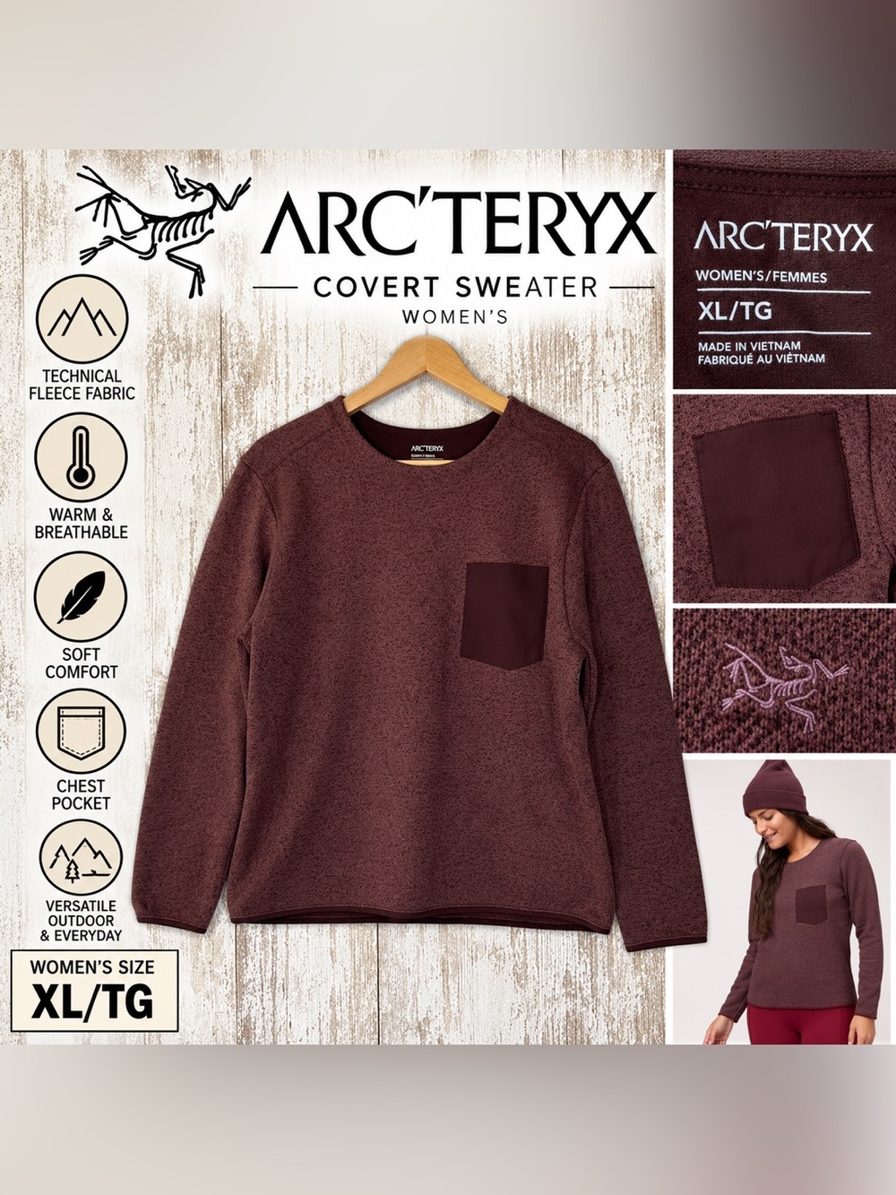 Arc’teryx Covert Sweater Women’s XL/TG Burgundy Maroon Fleece Pullover